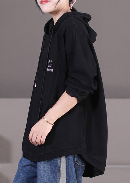 Black Alphabet Graphic Drawstring Hooded Sweatshirt Fall