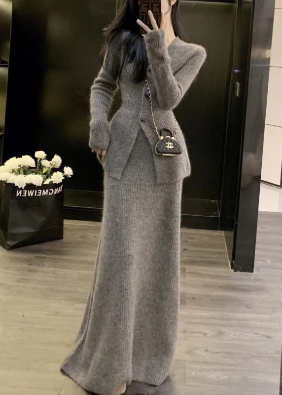 Slim Fit Grey V Neck Patchwork Knit Two Piece Set Clothing Fall