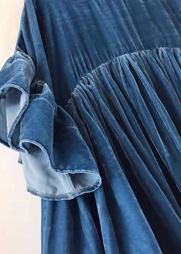 Blue Wrinkled Patchwork Velour Short Dress Butterfly Sleeve