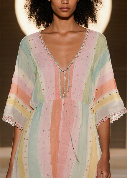 Colorblock Striped Low High Design Cotton Dress Summer