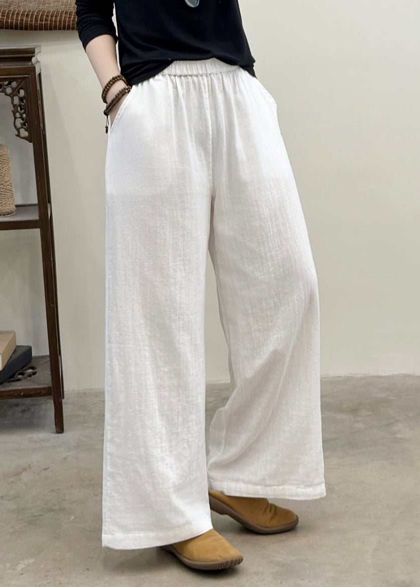 White Elastic Waist Linen Straight Pants Summer