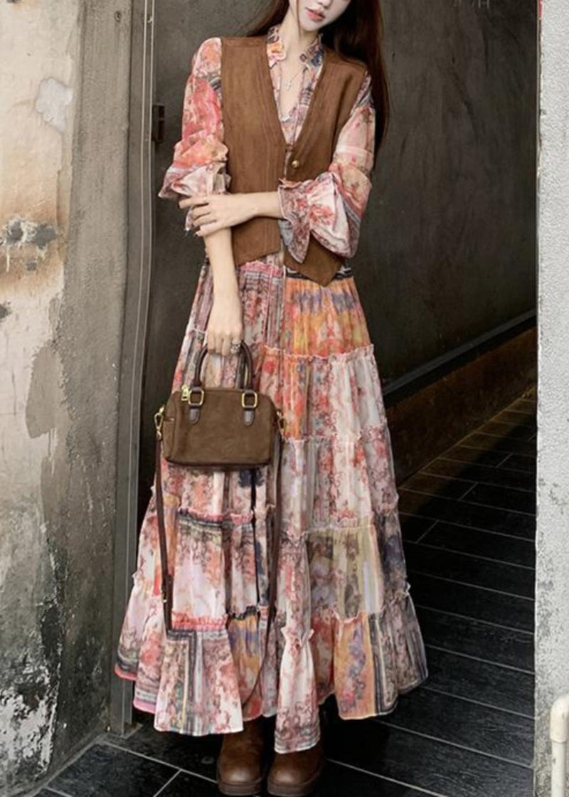 Brown Faux Suede Waistcoat and Ruffled Dress Two-piece Set Spring
