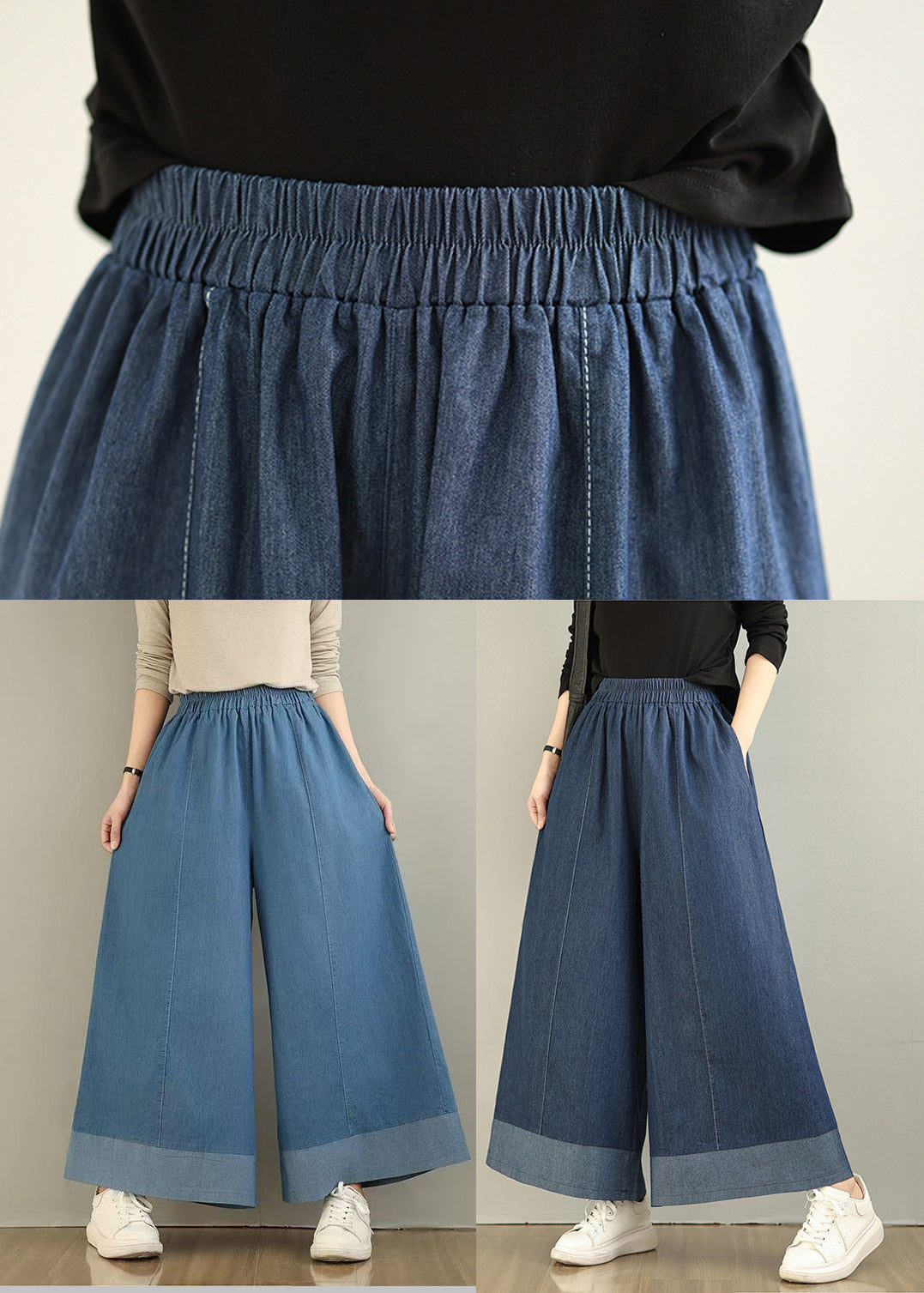 Navy Patchwork Denim Straight Pants Oversized Summer