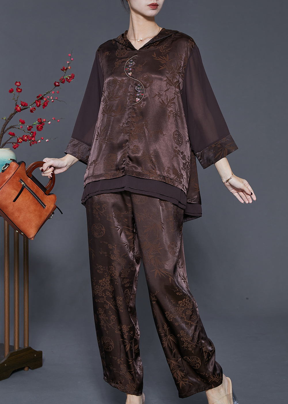 Art Chocolate Jacquard Oversized Patchwork Silk Sets 2 Pieces Spring