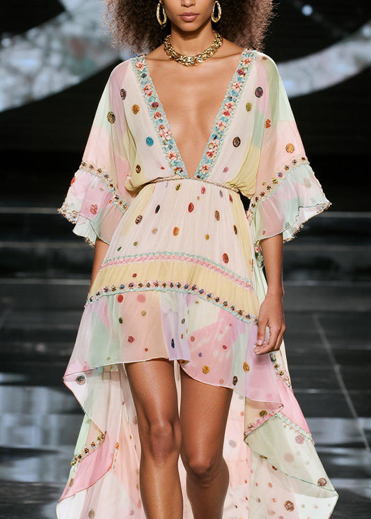 V Neck Print Low High Design Chiffon Dresses Summer