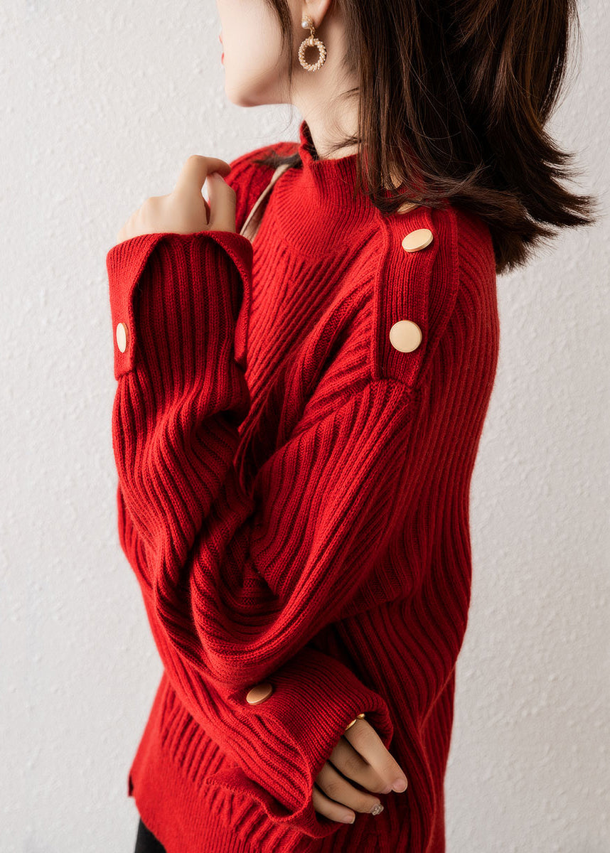 Red Stand Collar Thick Patchwork Knit Pullover Fall