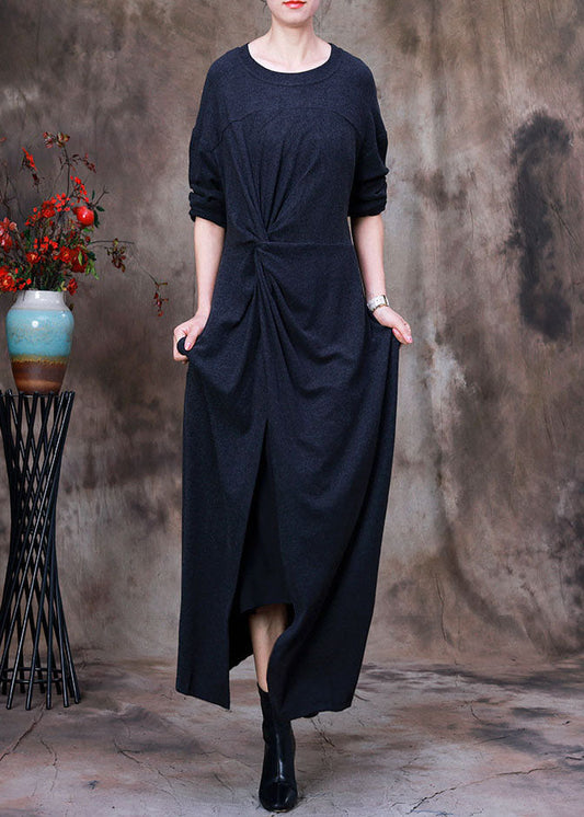 Art Dark Grey O-neck Side Open Asymmetrical Velour Long Dresses Spring