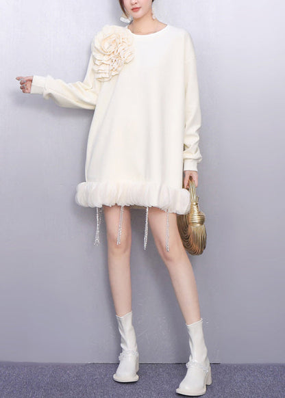 Fall Beige Decorated Crystal Tassel Patchwork Dress