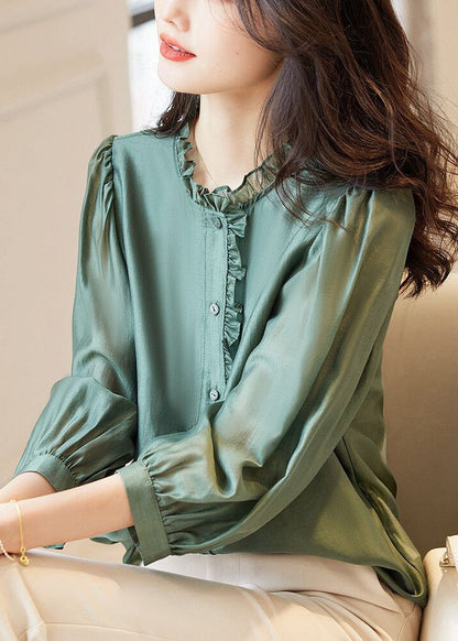 Green Button Chiffon Blouses Ruffled Spring