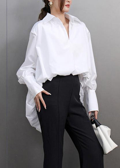 Simple White Peter Pan Collar Low High Design Shirts Spring