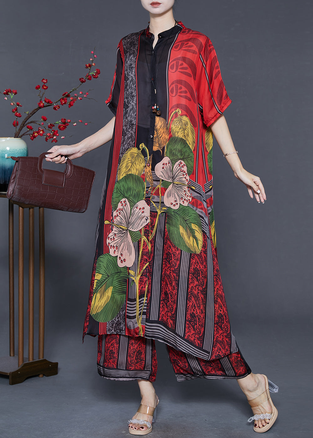 Boutique Red Oversized Print Silk Two-piece Set Summer