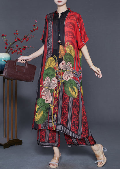 Boutique Red Oversized Print Silk Two-piece Set Summer