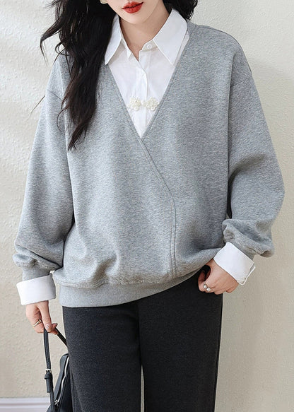 Grey Peter Pan Collar False Two Pieces Patchwork Cotton Sweatshirt Fall