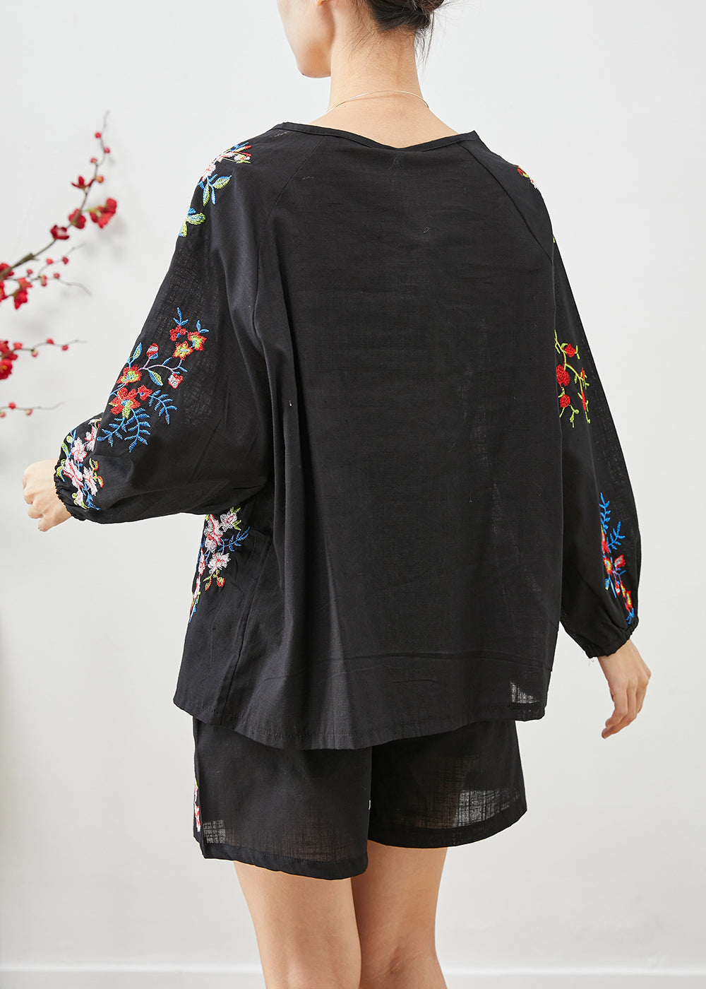 Black Embroideried Chinese Button Cotton Sets 2 Pieces Fall