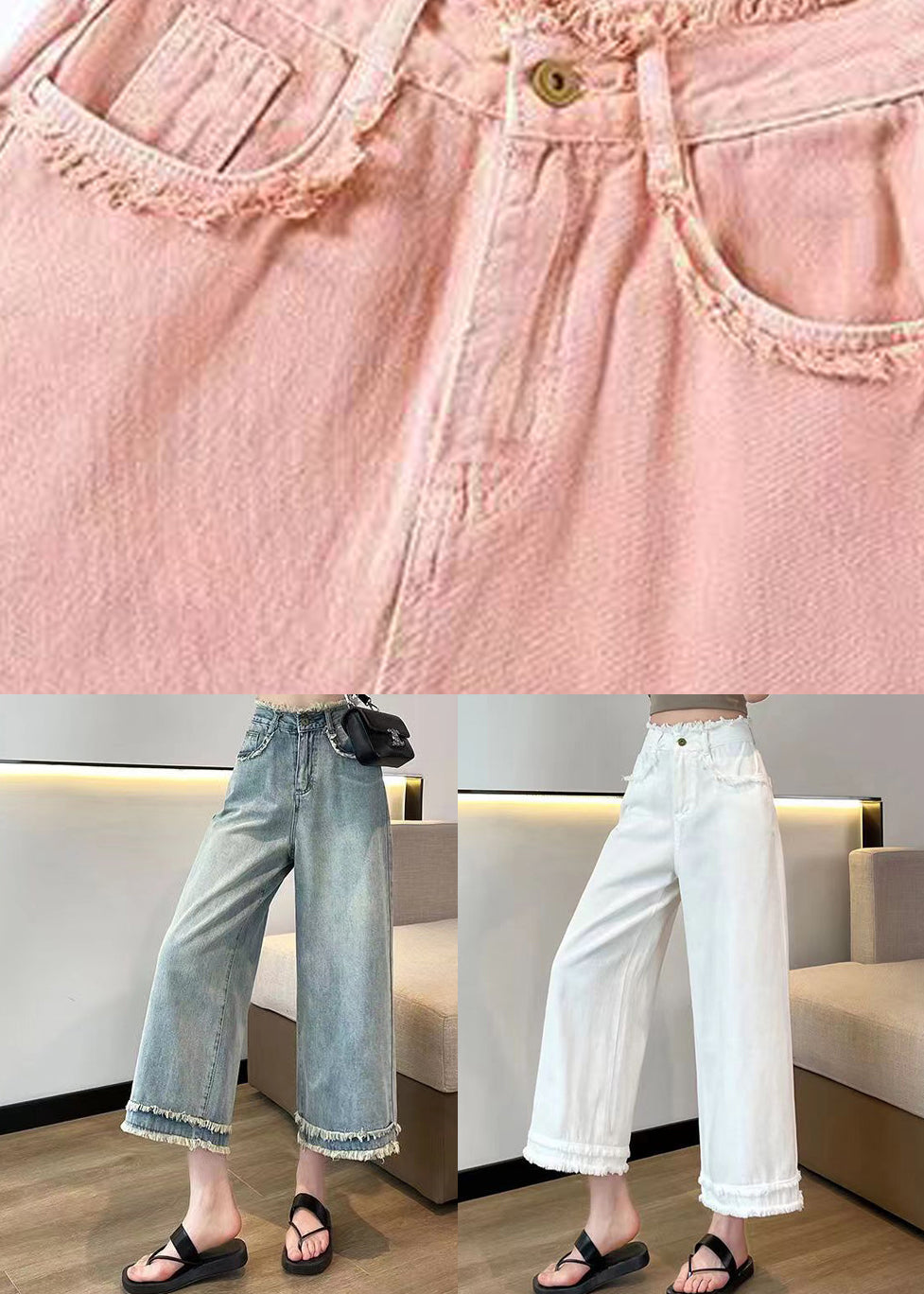 Blue Tasseled Pockets Denim Wide Leg Pants Spring