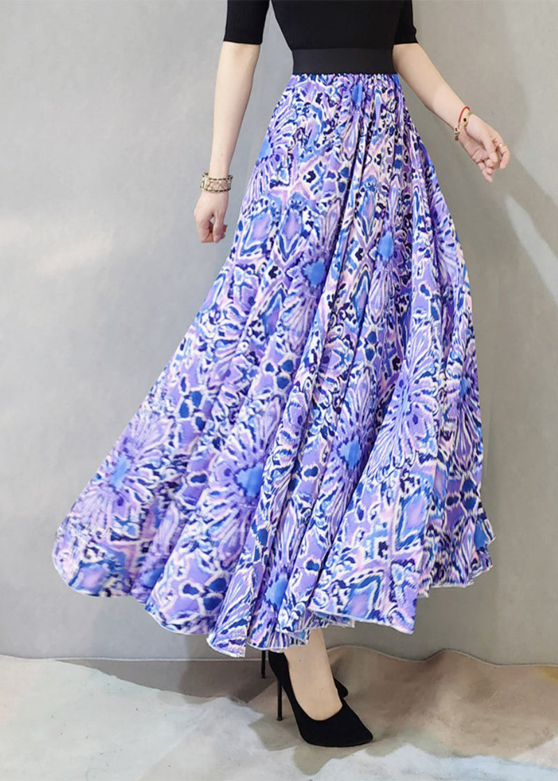 Purple Wrinkled Print Exra Large Hem Loose Cotton Skirts Spring