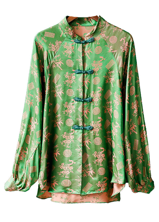 Green Stand Collar Button Print Silk Shirt Tops Long Sleeve