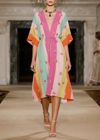 Multicolored Striped Butterfly Cotton Dresses Summer