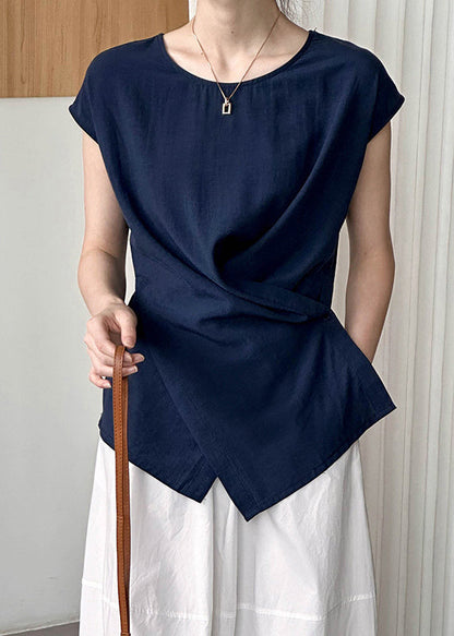 Navy O-neck Asymmetrical Top Mmer