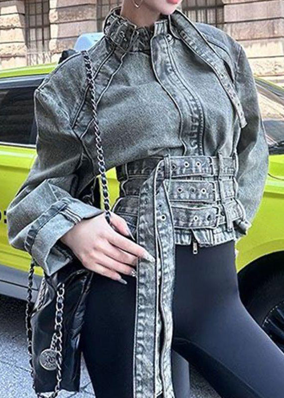 Blue Stand Collar Asymmetrical Patchwork Denim Coat Spring
