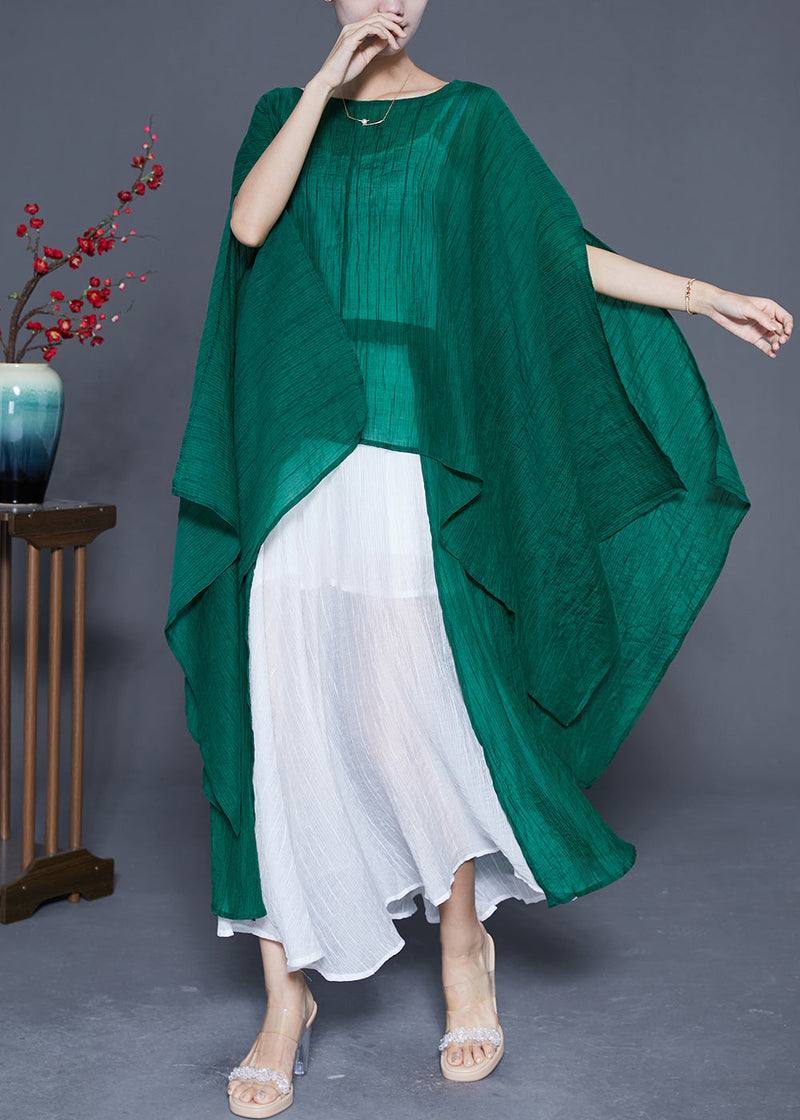 Blackish Green Oversized Asymmetrical Design Silk Two Pieces Set Summer