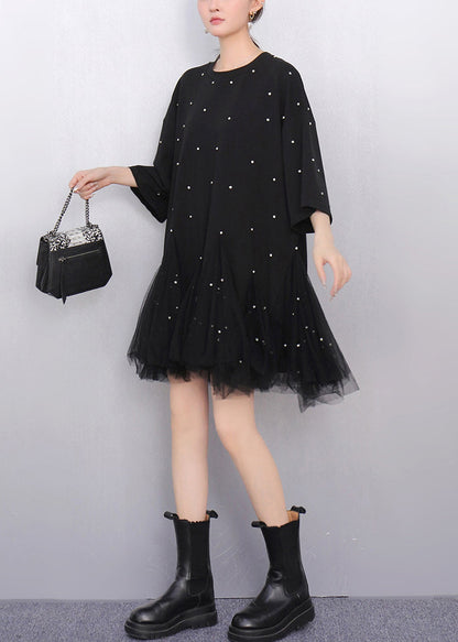 Fine Black Zircon Tulle Patchwork Cotton T Shirts Dress Half Sleeve Fall