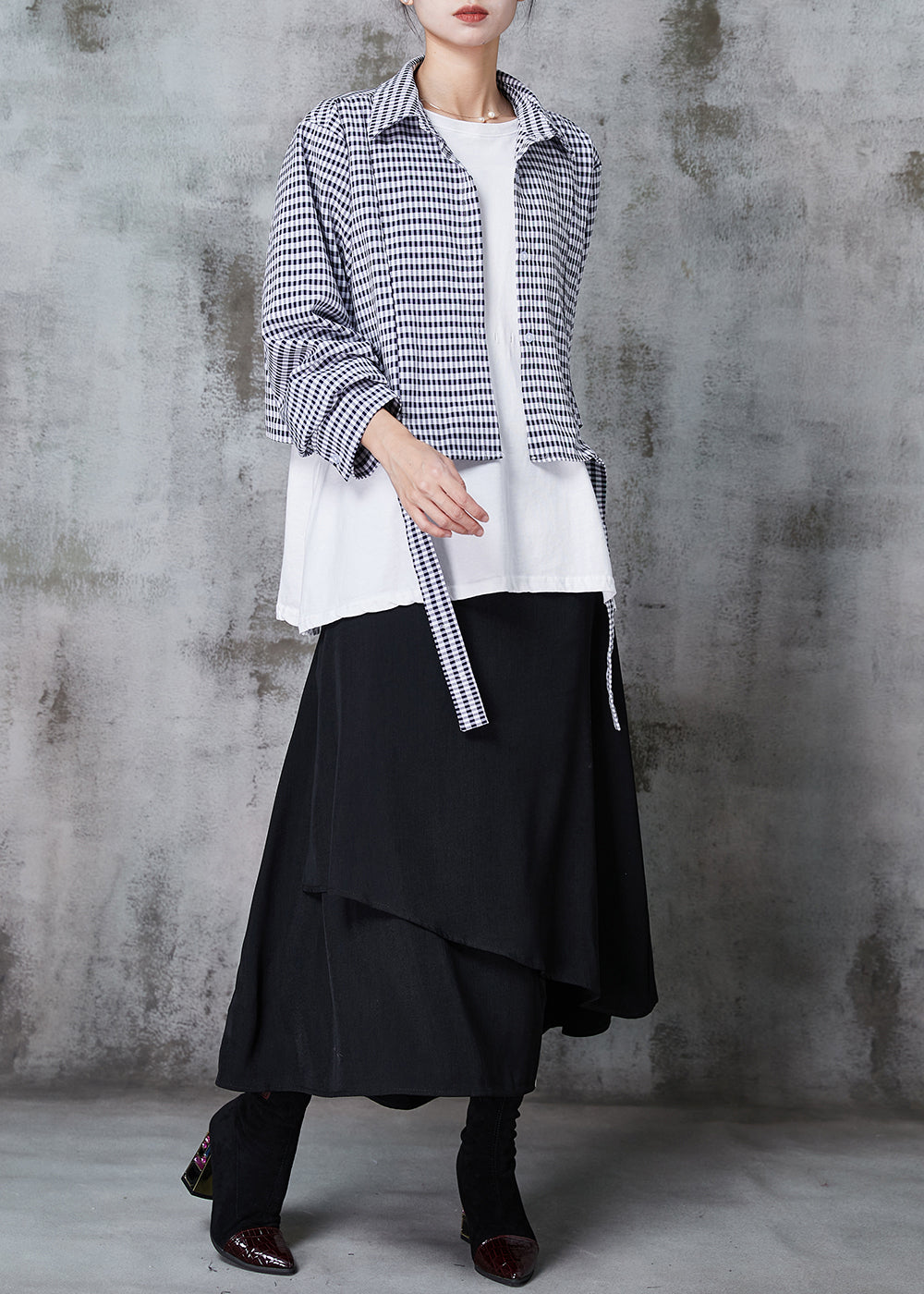 Fine Asymmetrical Patchwork Plaid Cotton Tops and Skirts Two Piece Set Outfits Spring