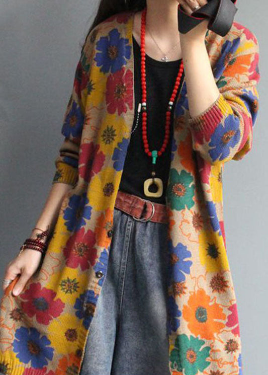 Boutique Apricot V Neck Print Button Fall Knit Cardigan Long Sleeve