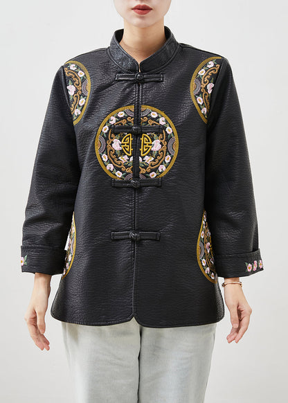 Black Embroideried Chinese Button Faux Leather Coat Spring