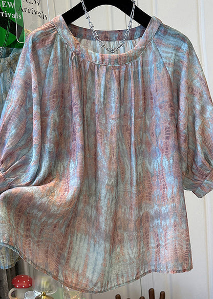 Handmade Blue O Neck Tie Dye Chiffon Top Bracelet Sleeve