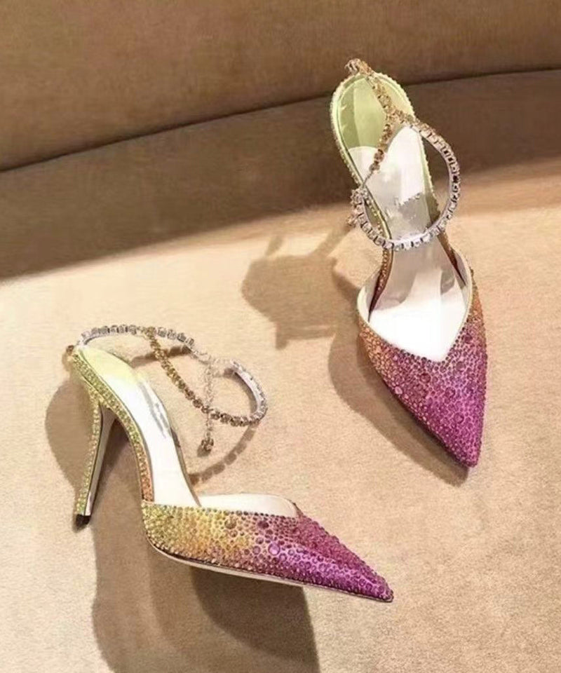 Rhinestone Gradient Color Pointed Thin Heel Sandals