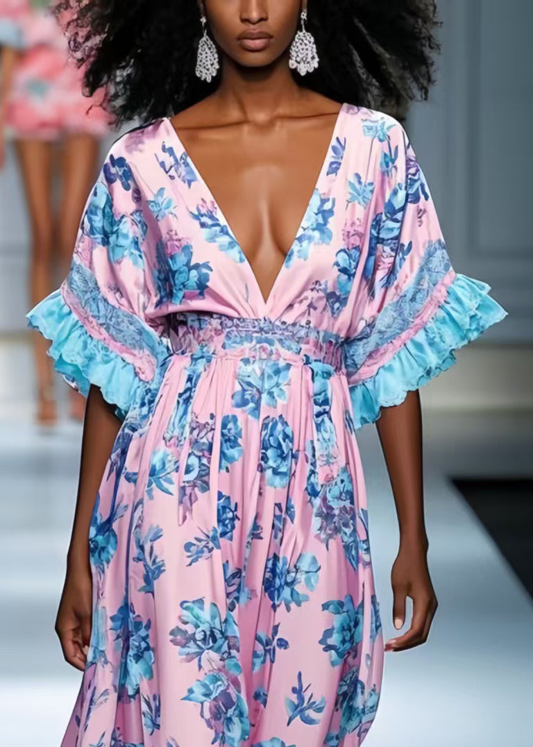 Style Pink Deep-v Neck Print Silk Dress Summer