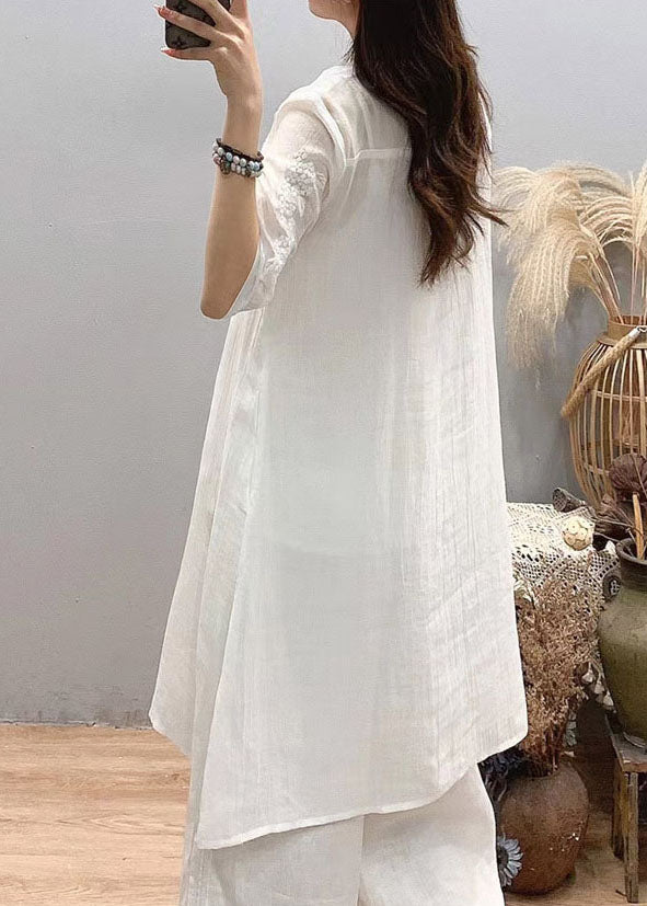 Fitted White Stand Collar Embroideried Linen Long Shirts Three Quarter Sleeve