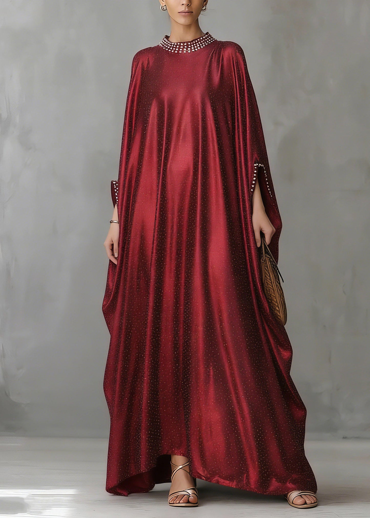 Red Patchwork Silk Maxi Dress Flare Sleeve