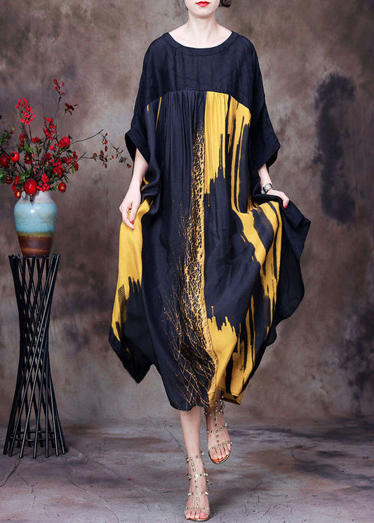 Yellow Print Chiffon Loose Beach Dresses O-neck Wrinkled Batwing Sleeve
