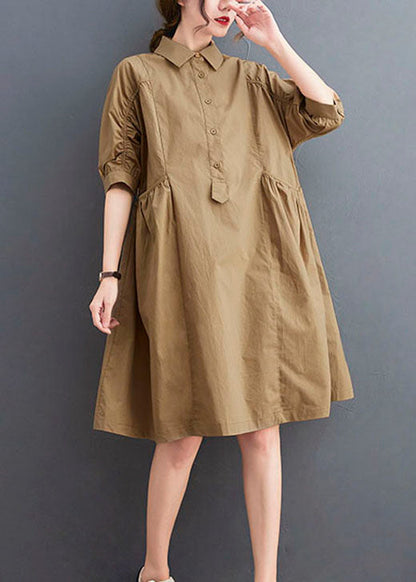 Khaki Peter Pan Collar Button Cotton Dresses Half Sleeve
