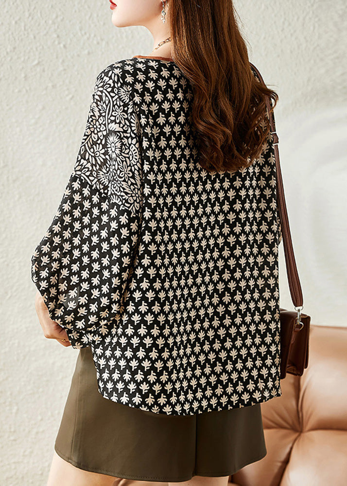 Black O-neck Print Chiffon Shirt Half Sleeve