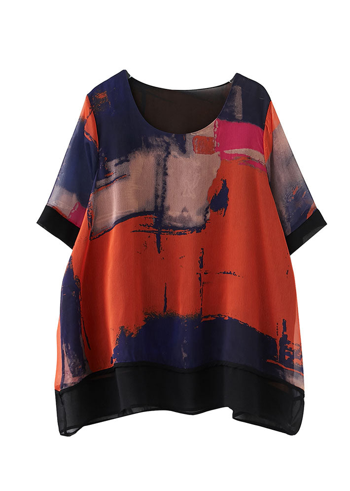 Red O-neck Oversized Tie Dye Chiffon Tanks Short Sleeve