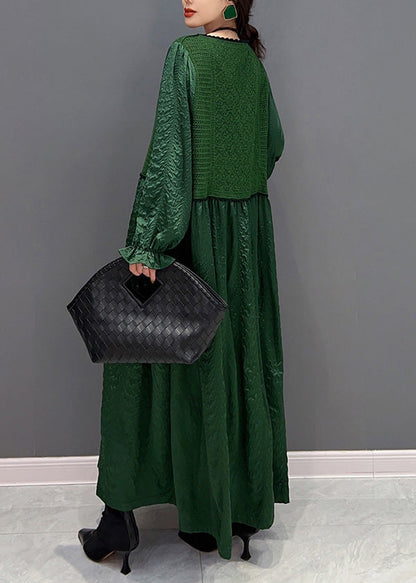 French Green O-neck Patchwork Knit Maxi Dresses Winter