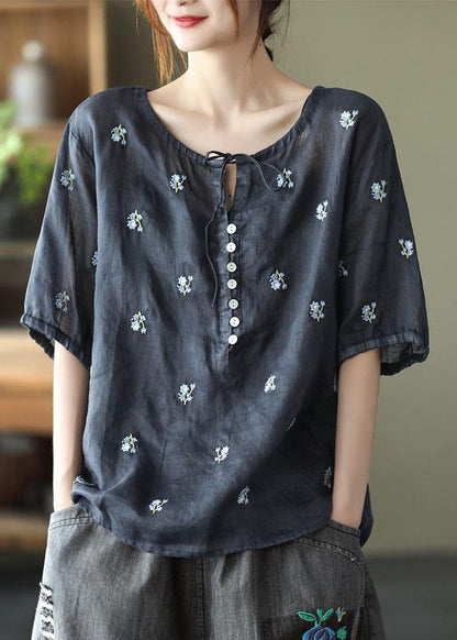 Simple White Embroideried O-neck Summer Ramie Tops Half Sleeve