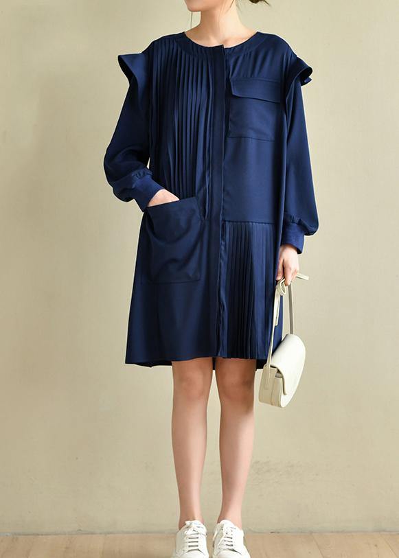Style Navy Asymmetric Dresses O Neck Chiffon Dress