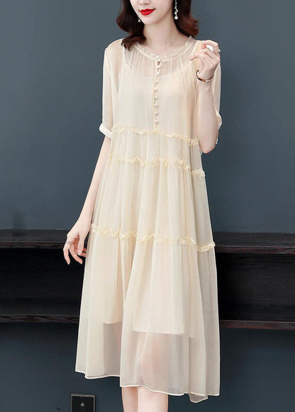 Apricot Patchwork Silk Two Pieces Set O-neck Ruffled Dress Summer
