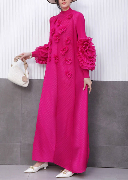 Rose Decorated Pleated Texture Maxi Dress Petal Sleeve