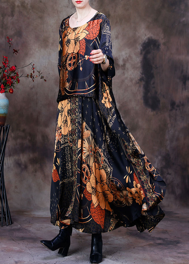 Yellow O-neck Asymmetrical Print Fake Two Pieces Silk Maxi Dress Long Sleeve