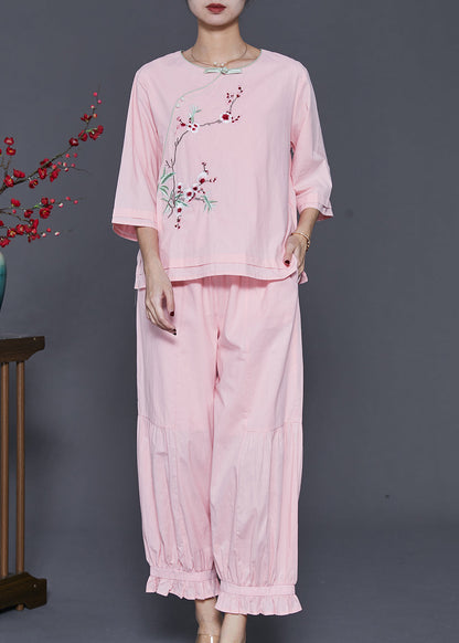 Pink Embroidered Patchwork Cotton Two-piece Set Spring