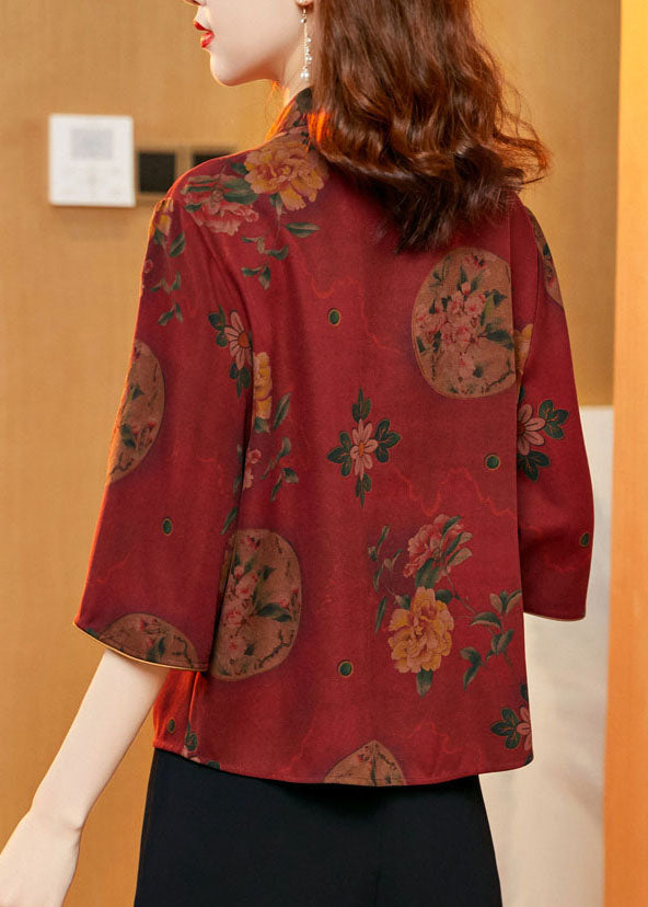 Red Oriental Silk Shirt and Wide Leg Pants Two Piece Set Button Summer