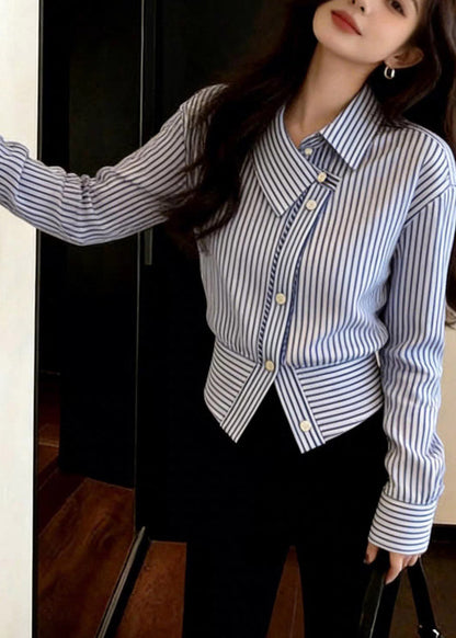 Blue Striped Peter Pan Collar Button Shirt Spring
