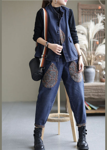 Handmade Blue Patchwork Denim Two Piece Set Outfits Sleeveless