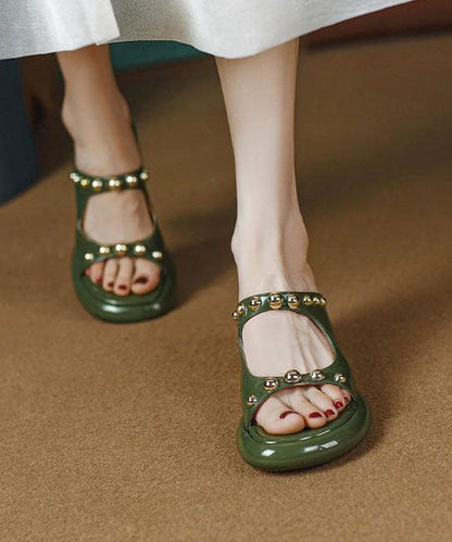 Green Faux Leather Rivet Splicing Peep Toe Chunky Slide Sandals