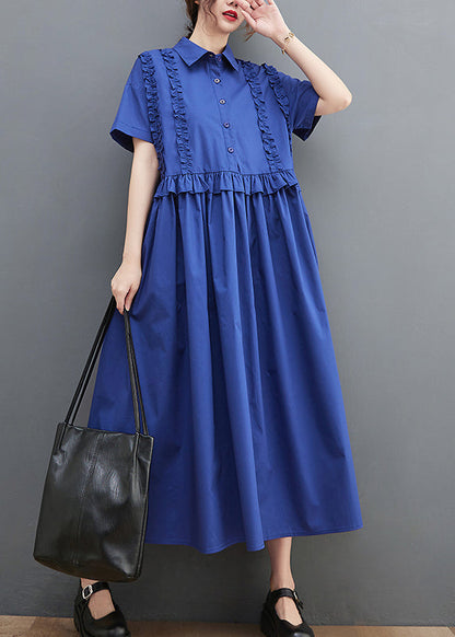 Unique Blue Peter Pan Collar Button Wrinkled Cotton Shirt Dress Short Sleeve